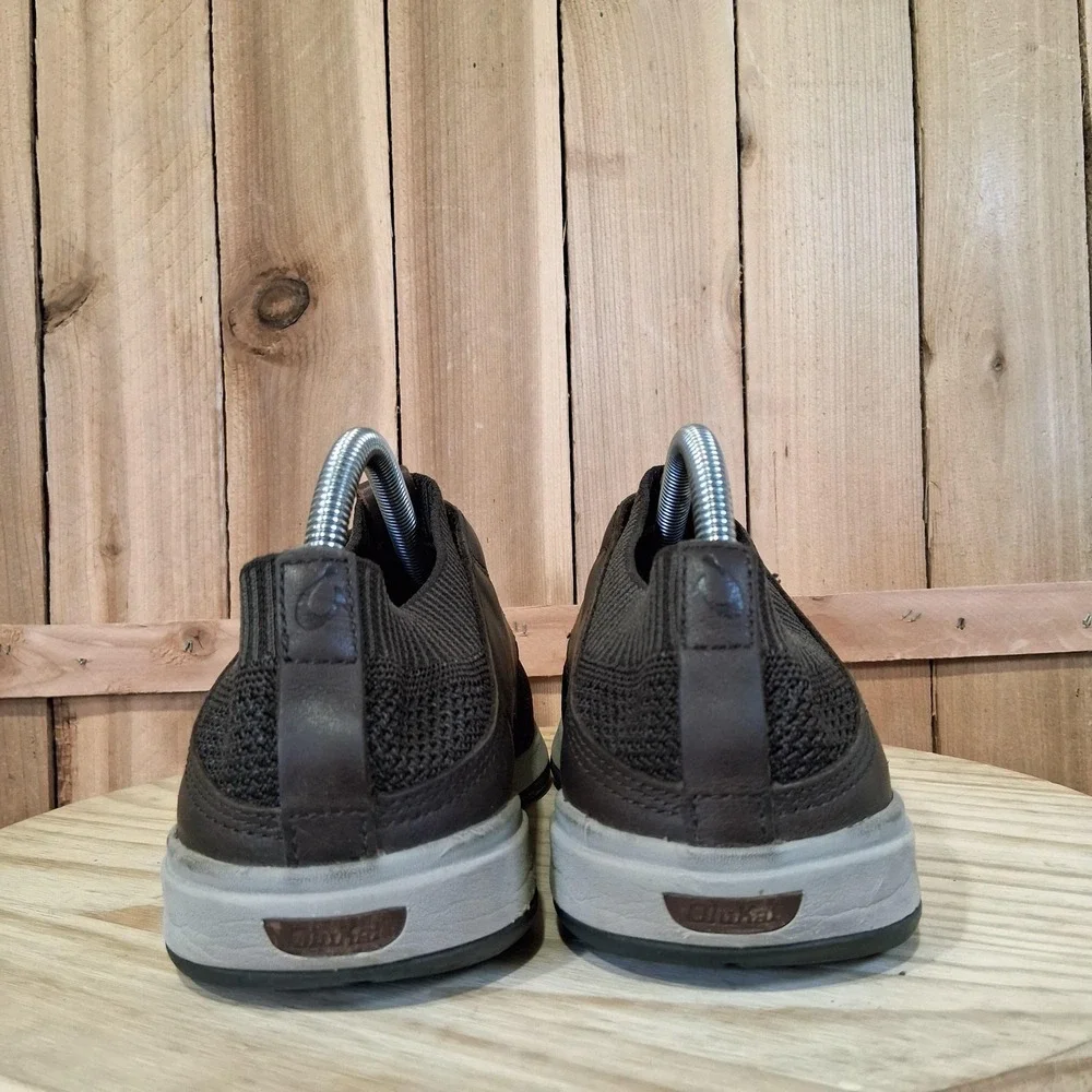 OluKai Makia Ulana Shoes Mens Size 8.5 Brown‎ Leather Knit Casual Sneakers